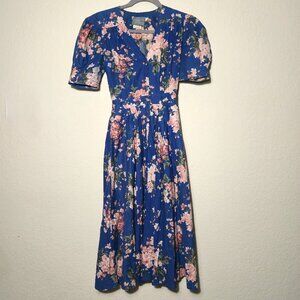 Vtg Carol Anderson Blue Floral Midi Dress Pockets 2P